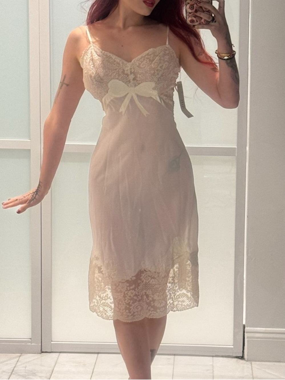 Lace-Trim Satin Slip Dress in Cream
